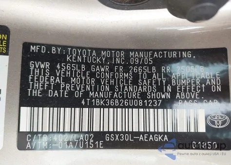 2006 Toyota Avalon Limited/Touring/Xl/Xls from USA, damaged, VIN 4T1BK36B26U081237